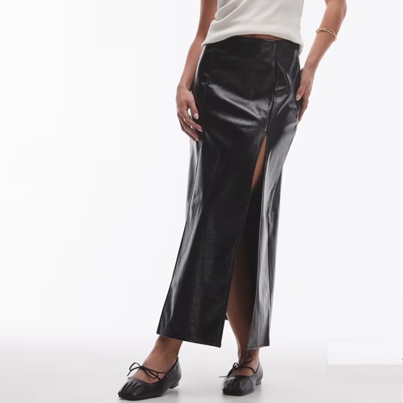 NEW TOPSHOP Black VINYL Double Slit FAUX LEATHER Rocker Chic MAXI SKIRT US 8 - Picture 8 of 16